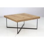 Loftowy stolik kawowy Metal 80x80 cm z czarną metalową ramą i laminowanym blatem w naturalnym dekorze drewna