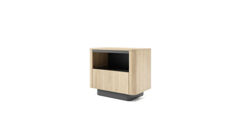 Stolik nocny Torro w stylu japandi z jasnego dębu cremona i czarnymi detalami, bezuchwytowy design