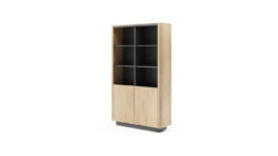 Regał Torro 2D w stylu japandi z jasnego dębu cremona i czarnymi detalami, bezuchwytowy, nowoczesny design