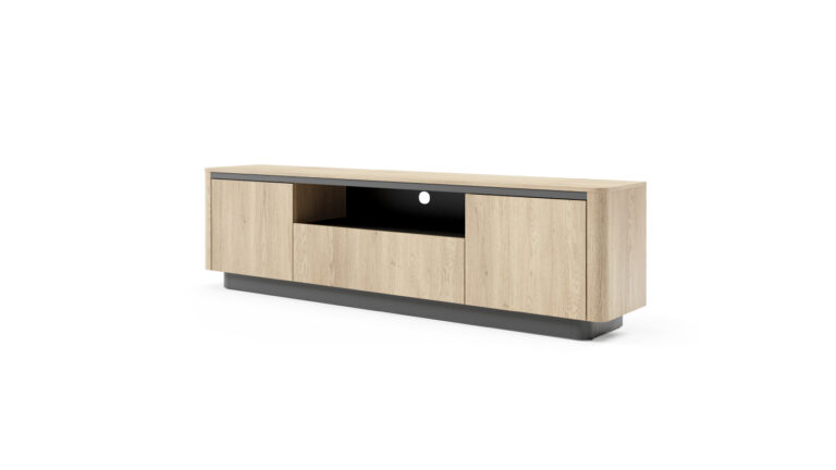 Szafka RTV Torro 200 3D w stylu japandi z jasnego dębu cremona i czarnymi detalami