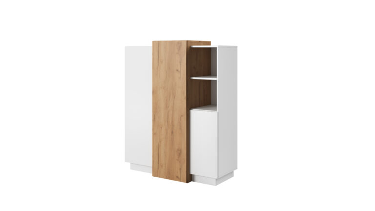 Komoda 3D z białym frontem i złotym dębem craft, minimalistyczna z systemem push-to-open