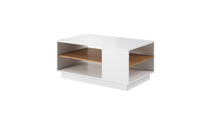 Stolik kawowy 3D z białym korpusem i frontem z dębu craft złotego, minimalistyczny design z funkcją push-to-open