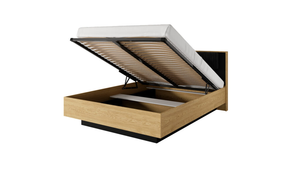 Łóżko Baltic 160x200 z drewna dąb baltic i czarnymi metalowymi nogami w nowoczesnym stylu