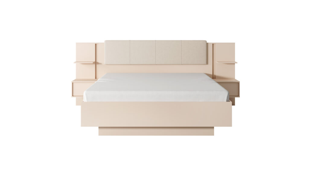 Łóżko Dast 160x200 w beżowym kolorze z tapicerowanym zagłówkiem i podświetleniem LED w nowoczesnej sypialni