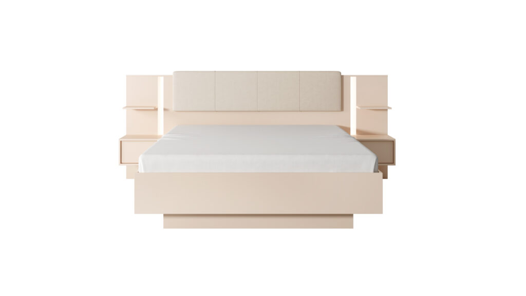 Łóżko Dast 160x200 w beżowym kolorze z tapicerowanym zagłówkiem i podświetleniem LED w nowoczesnej sypialni