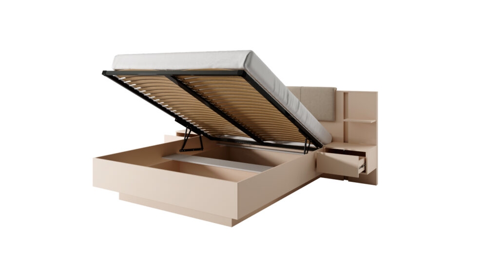 Łóżko Dast 160x200 beżowe z tapicerowanym zagłówkiem i pojemnikiem na pościel w nowoczesnym stylu