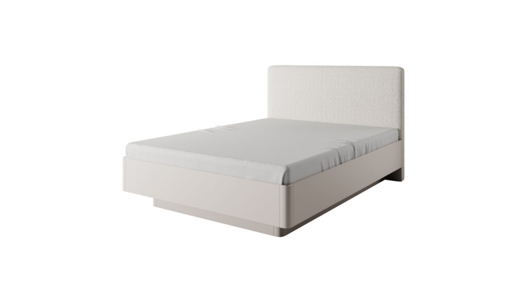 Łóżko Lante 160x200 beżowe z ryflowanymi frontami i złotymi metalowymi nóżkami w nowoczesnym stylu glamour