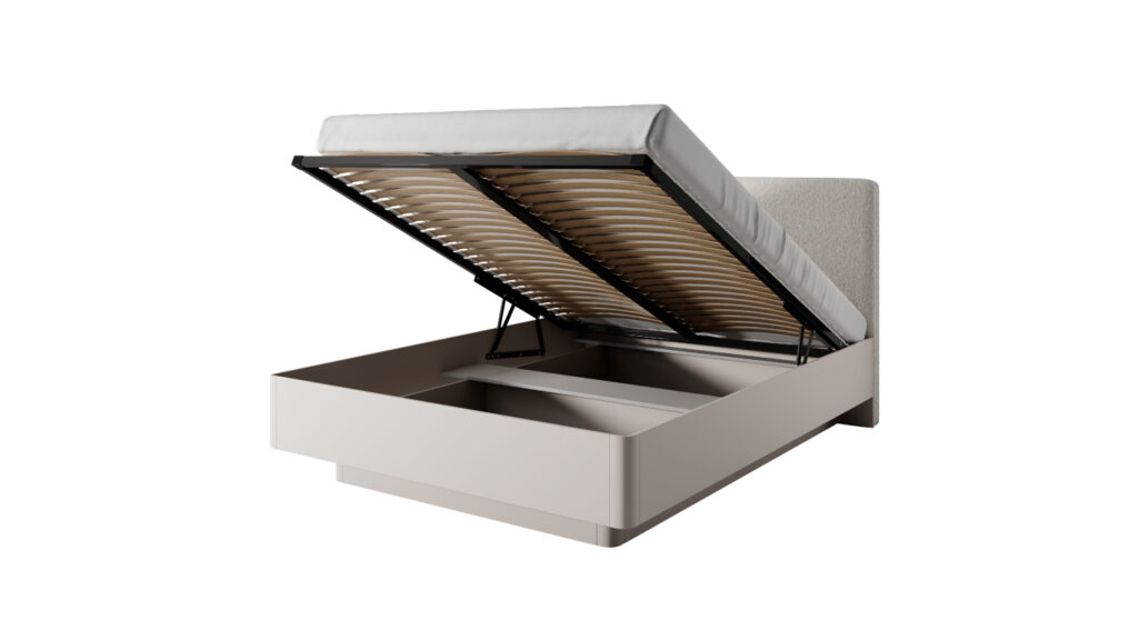 Łóżko Lante 160x200 w beżowym kolorze z złotymi uchwytami i metalowymi nóżkami, nowoczesny styl glamour