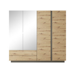 Szafa Arco 220 w białym połysku z frontem w kolorze dąb artisan, nowoczesny design