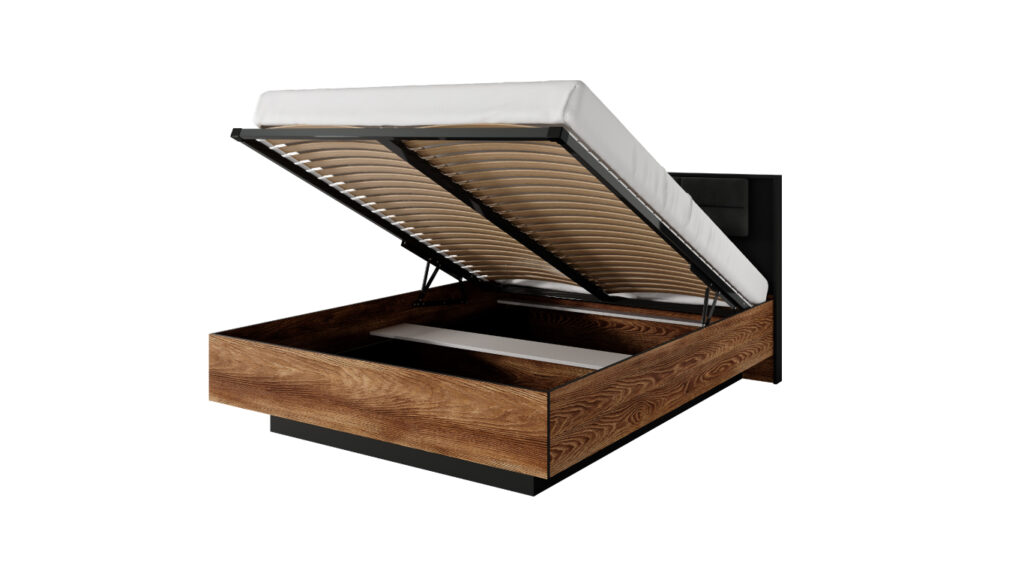 Łóżko Milton 160x200 DREW w kolorze kasztan i antracyt z tapicerowanym wezgłowiem i oświetleniem