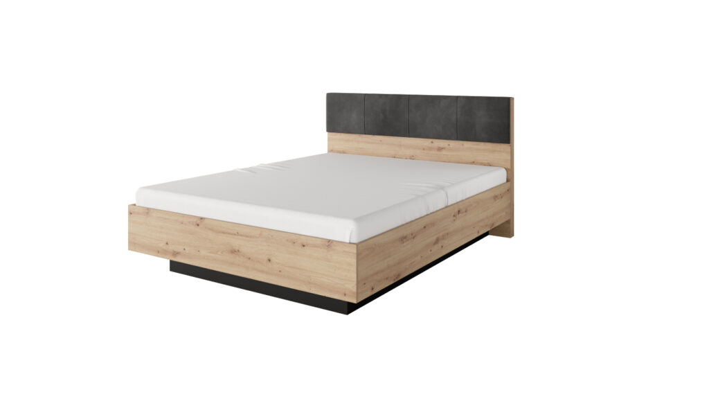 Łóżko Tally 160x200 z drewna dąb artisan i antracytowym tapicerowanym wezgłowiem w nowoczesnej sypialni