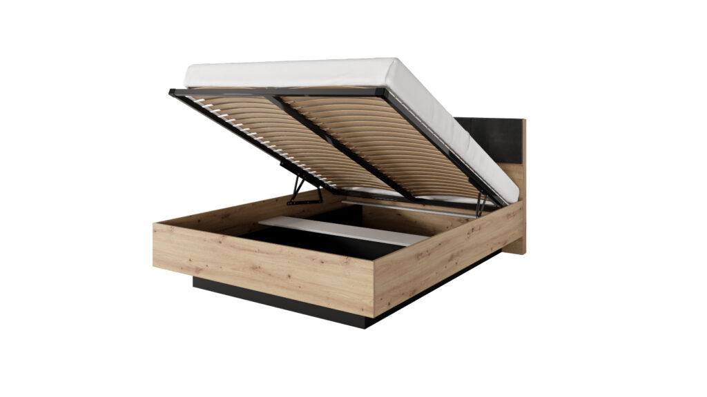 Łóżko Tally 160x200 z drewnianym stelażem i tapicerowanym wezgłowiem w kolorze dąb artisan i antracyt