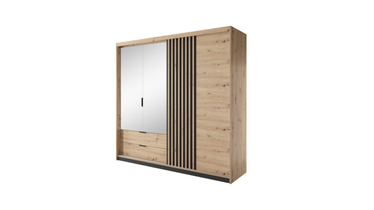 Szafa Tally 220 w kolorze dąb artisan z antracytem, z dużym lustrem i czarnymi metalowymi uchwytami