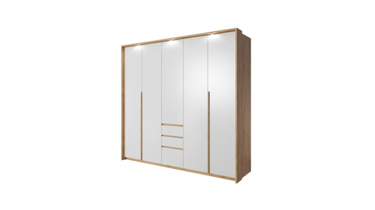 Szafa Xelo 230 LED w białym kolorze z elementami dębu craft i oświetleniem LED, nowoczesny system drzwi WingLine