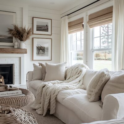 arafed couch with pillows and blankets in a living room with a fireplace