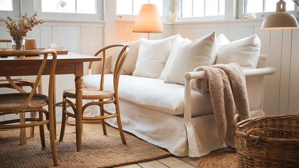Skandynawski salon z białą sofą, drewnianym stolikiem, lampą podłogową i wiklinowym koszem na beżowym tle