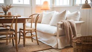 Skandynawski salon z białą sofą, drewnianym stolikiem, lampą podłogową i wiklinowym koszem na beżowym tle