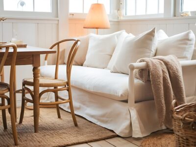 Skandynawski salon z białą sofą, drewnianym stolikiem, lampą podłogową i wiklinowym koszem na beżowym tle