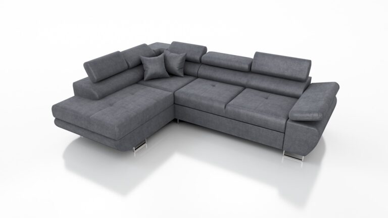 Narożnik SATURN PREMIUM w tkaninie Kingston z regulowanymi zagłówkami i chromowanymi nóżkami