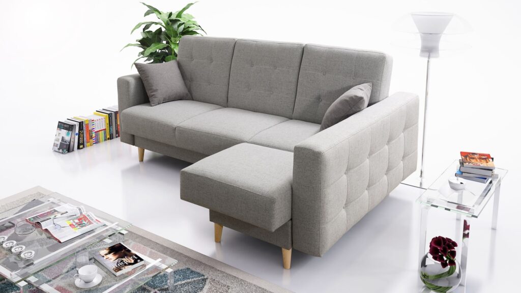 Narożnik Hilton w tkaninie LINEA o naturalnej fakturze, z drewnianymi nóżkami, w nowoczesnym salonie