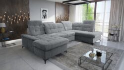 Narożnik MAXI NEO w nowoczesnym salonie z tkaniny szenilowej Perfect Harmony 90 z czarnymi metalowymi nóżkami